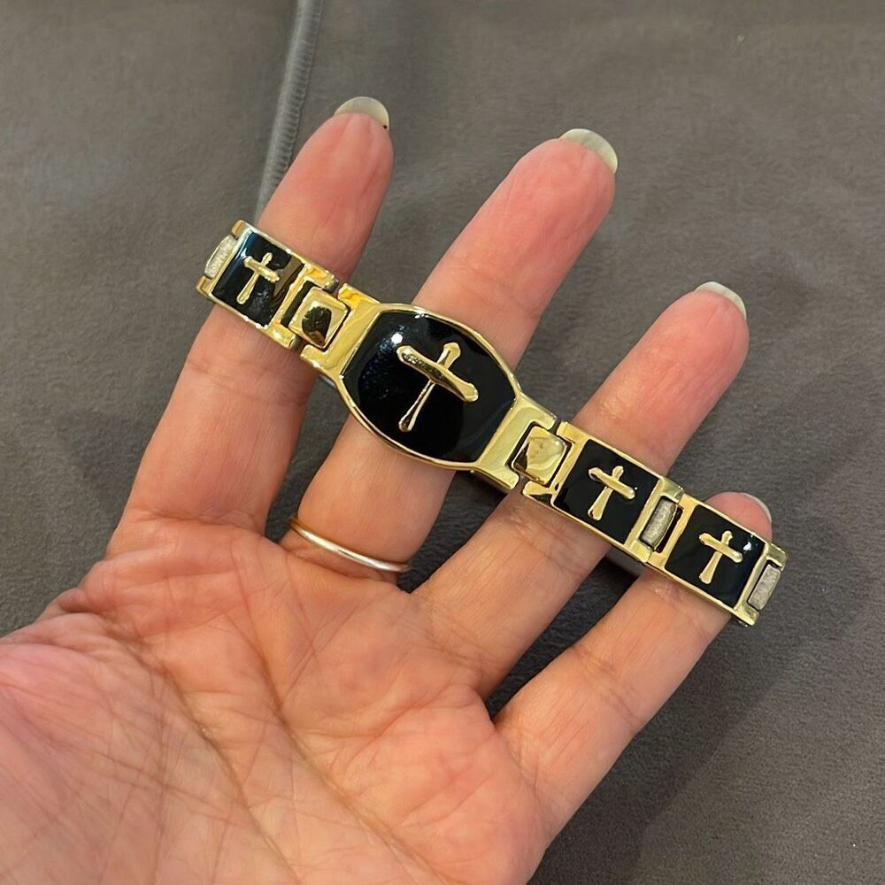 Mens Stainless Steel Cross Fold‎ Over Clasp Bracelet Black Silver Gold